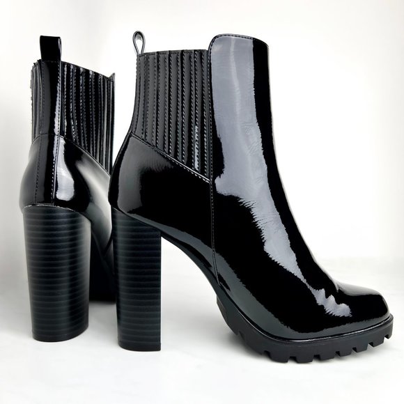 JustFab Shoes - Lug Sole Block Heel Chelsea Boots | Black Patent Faux Leather | Size 7 (BNIB)